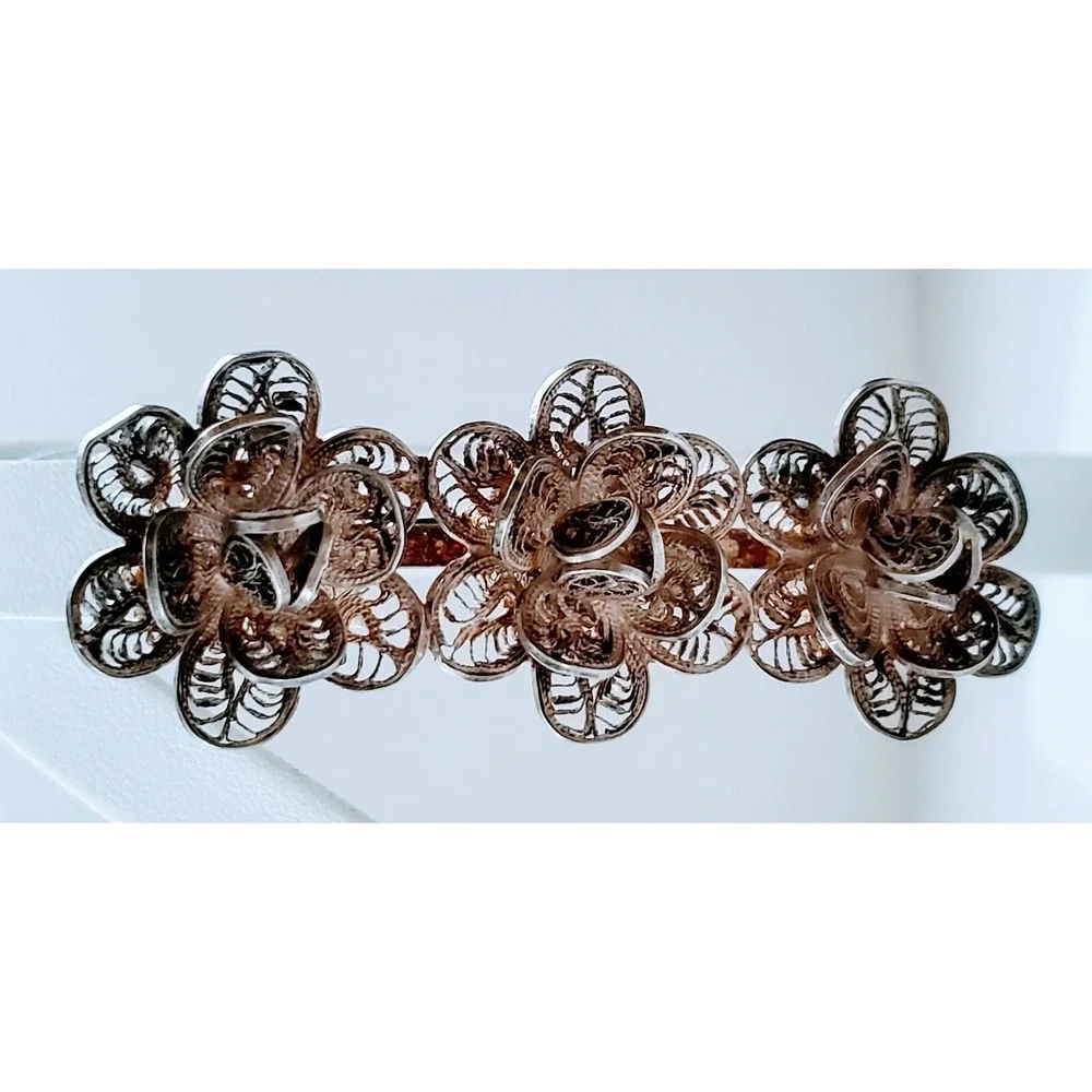 Vintage Sterling Silver Mexico Trio Filigree Design Rosebud Brooch Pin